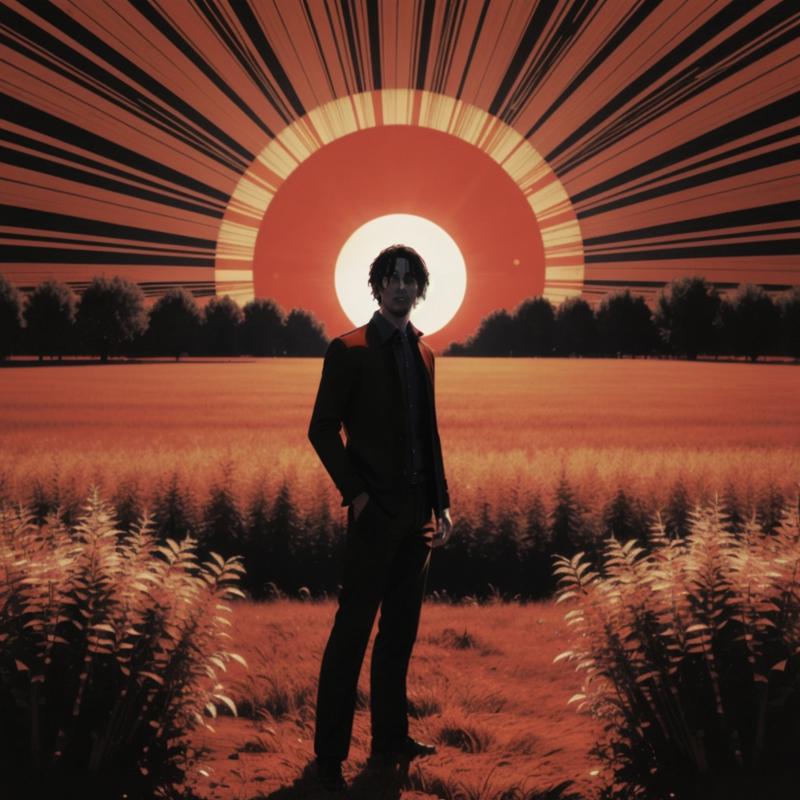 00129-517857809-_lora_Linear-Delusion-000100_0.7_, LinearDelusion, collage art of a man with is standing in a field with a large red sun behind.png